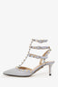 Valentino Grey Leather Rockstud Cage Kitten Heels Size 36.5