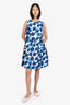 Oscar de la Renta Blue/White Silk Floral Print Sleeveless Dress Size 10