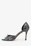 Manolo Blahnki Black/Silver Crystal Buckle Peep Toe Heels Size 38.5