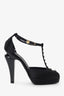 Pre-Loved Chanel™ Black Satin Crystal Star Embellished T-Strap CC Platform Pumps Size 36
