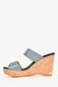 Jimmy Choo Blue/Brown Coated Canvas/Cork Wedge Sandals Size 38.5