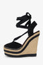Gucci Black Suede Espadrille Wedge Lace Up Heels Size 37