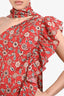 Étoile Isabel Marant Red Linen Belted Floral Print One-Shoulder Sleeveless Mini Dress With Ruffle Detail Size 40