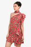 Étoile Isabel Marant Red Linen Belted Floral Print One-Shoulder Sleeveless Mini Dress With Ruffle Detail Size 40