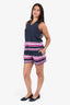 Pre-Loved Chanel™ Blue Knit Purple/White Stripe Detail Cotton Knit Tank Top + Short Set Size 38