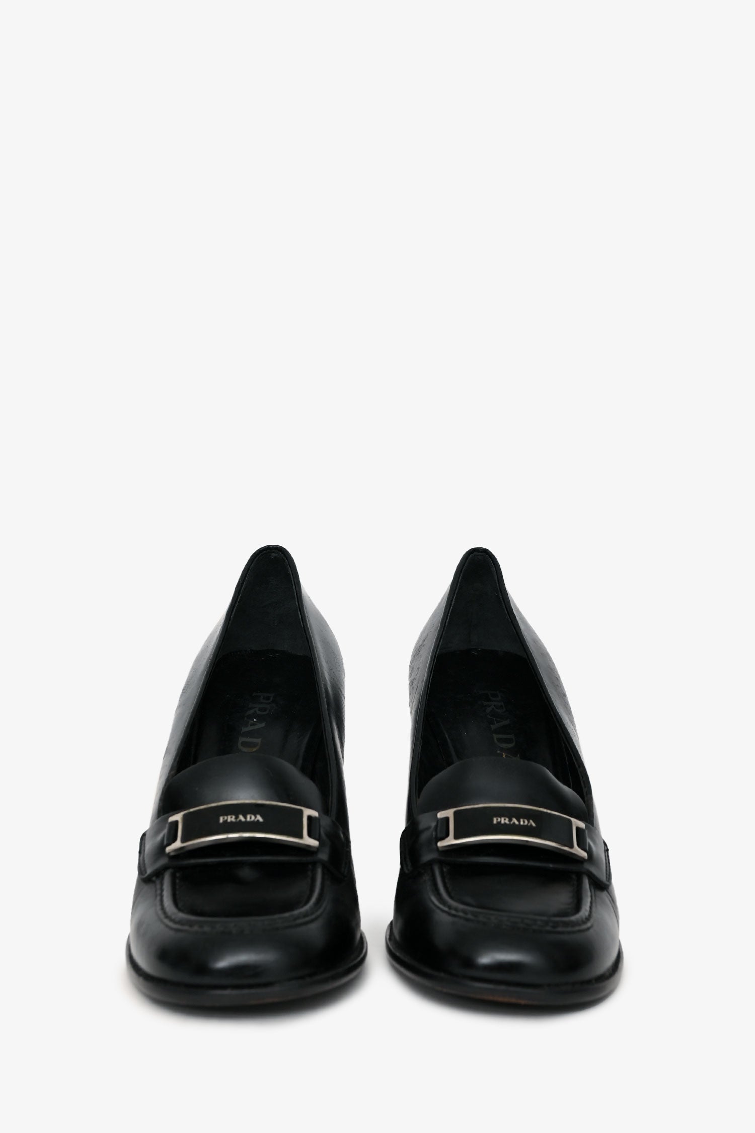 Prada Vintage Black Brushed Leather Square Toe Loafers Size 39.5