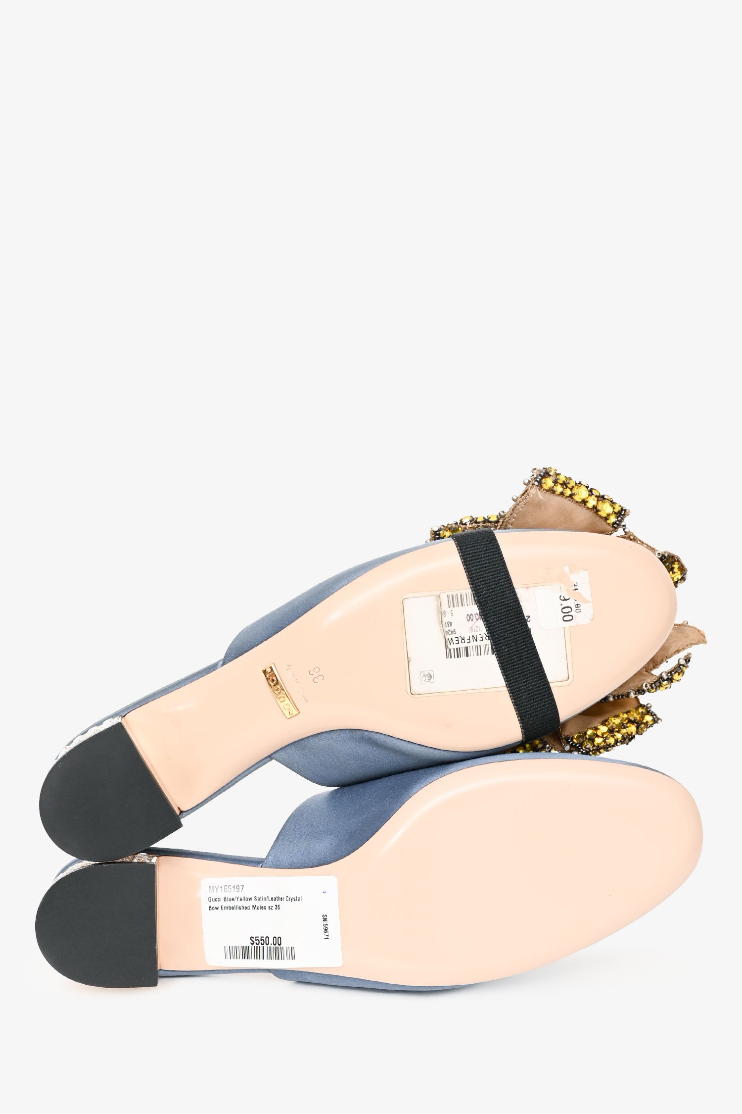 Gucci Blue/Yellow Satin/Leather Crystal Bow Embellished Mules Size