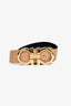 Salvatore Ferragamo Black/Tan Leather Gold Gancini Logo Reversible Waist Belt Size 85