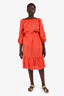 Vanessa Bruno Orange Cotton Embroidered Off The Shoulder Midi Dress with Belt Size 40