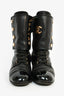 Pre-Loved Chanel™ 2019 Black Leather Gold Logo Lace-Up Biker Heeled Boots Size 36.5C