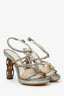 Fendi Silver Metallic Lizard Embossed Chain Detail Heels Size 40