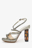 Fendi Silver Metallic Lizard Embossed Chain Detail Heels Size 40