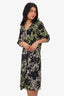 Christian Dior Green/Black Silk Printed Draped Short Sleeve Midi Dress Size 14