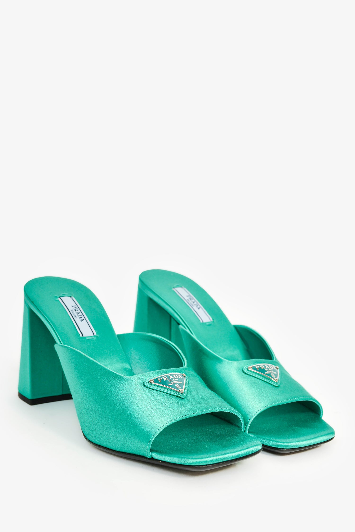 Prada Green Satin Triangle Heeled Mules Size 38 – Mine & Yours