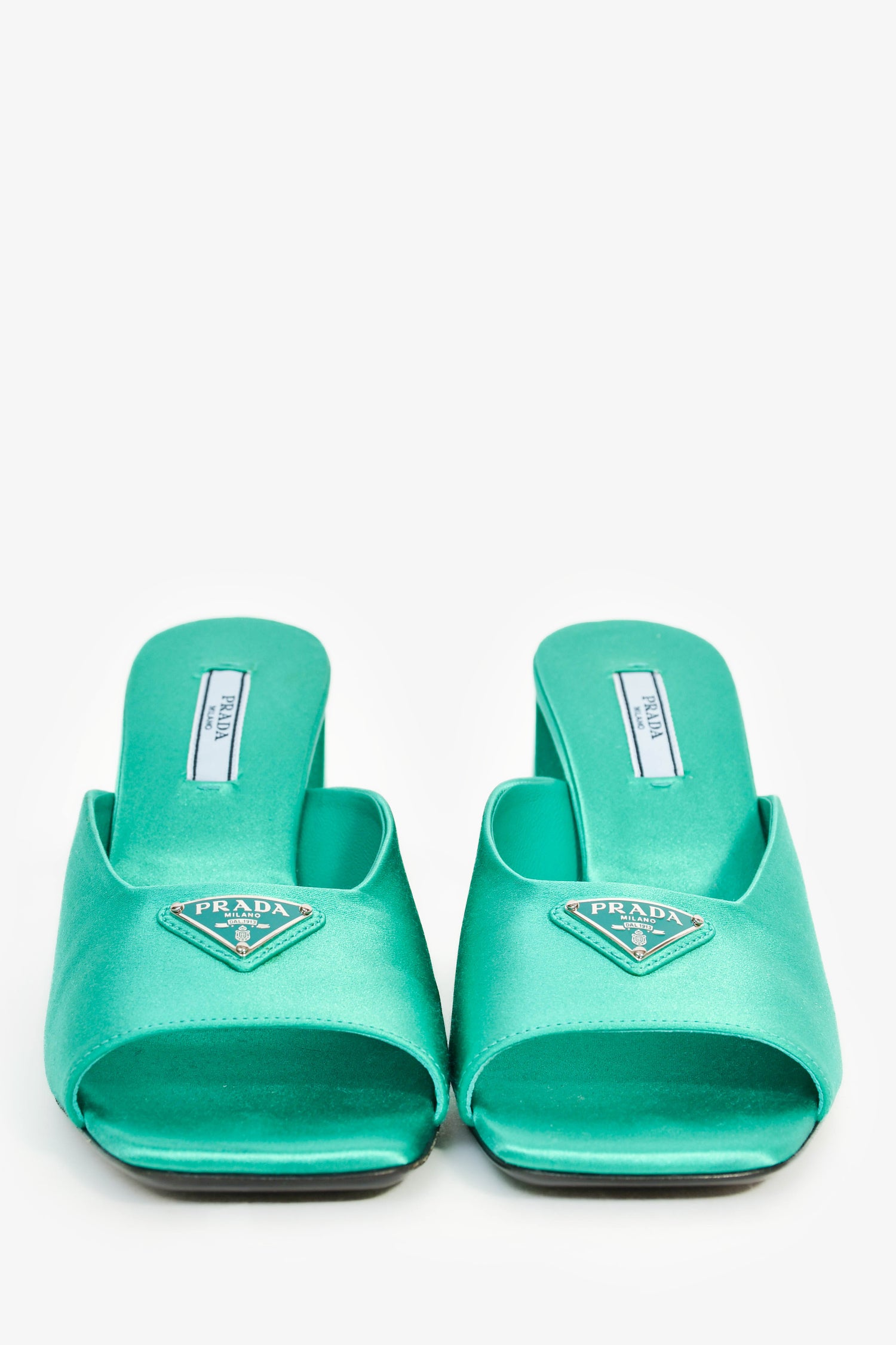 Prada Green Satin Triangle Heeled Mules Size 38 – Mine & Yours