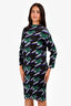 Issey Miyake Pleats Please Black/Blue/Green Printed Pleated Midi Dress Size 2