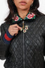 Gucci Black Diamond Quilted Leather Floral Collar Bomber Jacket Size 42