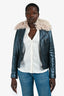 Etro Blue Metallic Fur Collar Moto Jacket Size 42