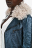 Etro Blue Metallic Fur Collar Moto Jacket Size 42