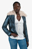 Etro Blue Metallic Fur Collar Moto Jacket Size 42