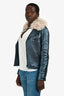 Etro Blue Metallic Fur Collar Moto Jacket Size 42
