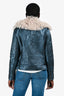Etro Blue Metallic Fur Collar Moto Jacket Size 42