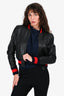 Gucci Black Leather Web Trim Bomber Jacket with Crystal Dragonfly Embellishment Size 40