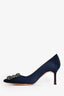Manolo Blahnik Navy Blue Satin Crystal Hangisi 70 Heels Size 37