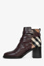 Burberry Brown Leather Check Belted Ankle Boots Size 41