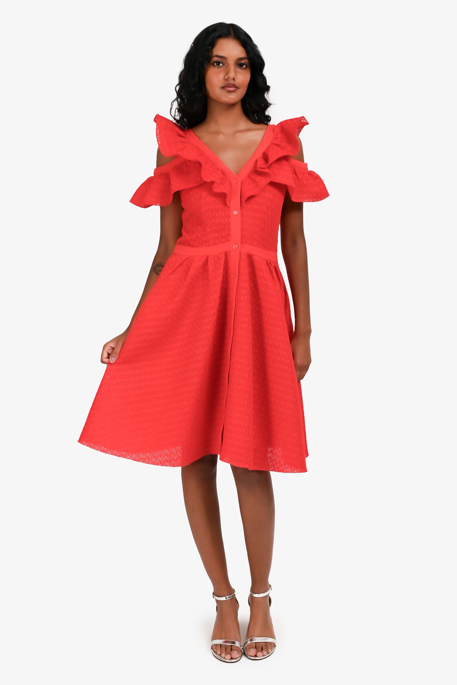 Maje Red Lace Ruffle Detail V Neck Sleeveless Dress Size 3 Mine & Yours Maje Red Lace Ruffle Detail V Neck Sleeveless Dress Size 3 Mine & Yours