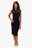 Escada Navy Leather Eyelet Short Sleeve Midi Dress Size 34