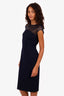 Escada Navy Leather Eyelet Short Sleeve Midi Dress Size 34
