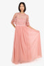 Needle & Thread Pink Floral Embroidery Tulle Short Sleeve Maxi Dress Size 12