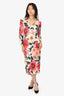 Dolce & Gabbana Pink/Green Floral Printed V-Neck Midi Dress Size 44