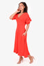 Nicholas Red V-Neck Ruched Sleeve Midi Dress Size 6