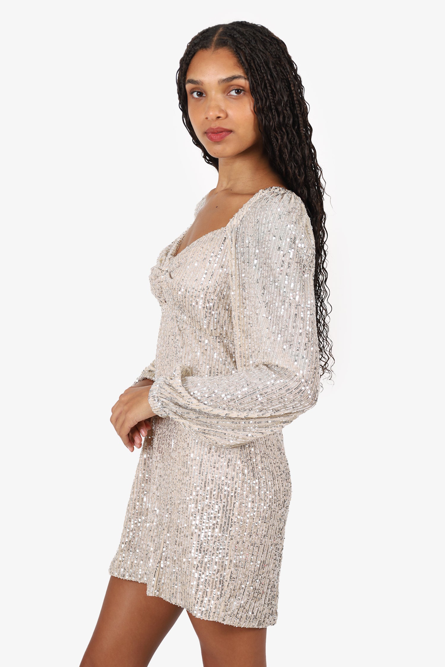 c/meo collective lustre mini dress C/MEO Collective Silver Sequin Long Sleeve 'Lustre' Mini Dress Size M