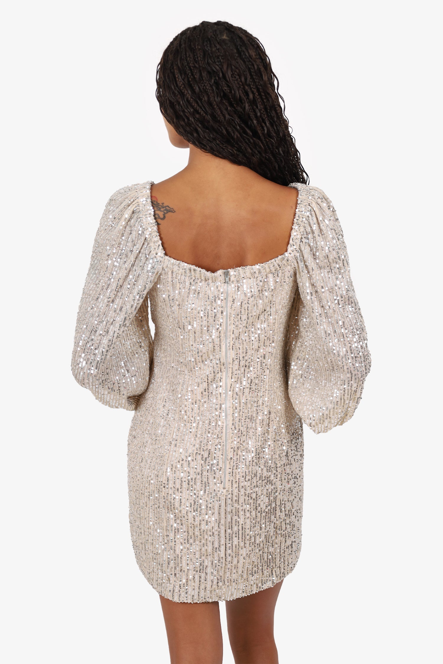 c/meo collective lustre mini dress C/MEO Collective Silver Sequin Long Sleeve 'Lustre' Mini Dress Size M