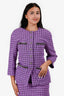Pre-Loved Chanel™ 2022 Purple/Black Plaid Cotton Tweed Crystal CC Button Jacket + Skirt Set Size 34