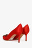 Manolo Blahnik Red Satin Crystal Embellished Hangisi Heels Size 37.5