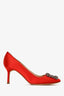 Manolo Blahnik Red Satin Crystal Embellished Hangisi Heels Size 37.5