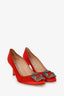Manolo Blahnik Red Satin Crystal Embellished Hangisi Heels Size 37.5