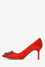 Manolo Blahnik Red Satin Crystal Embellished Hangisi Heels Size 37.5