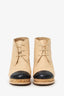 Pre-Loved Chanel™ Beige/Black Leather CC Cork Cap Toe Lace Up Boots Size 39