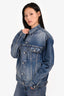 Balenciaga Blue Denim Logo Print Distress Jacket Size 44