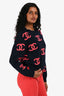 Pre-Loved Chanel™ 2021 Navy Cashmere Cropped Pink CC Logo Sweater Size 36