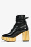 Christian Dior Black Patent Crinkle Leather Gold Platform Booties Size 37
