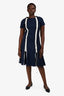 Jonathan Simkhai Navy White Tie Detail Fitted Midi Dress Size 8