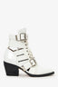 Chloe White Patent Leather Pointed Cut-Out Buckle Detail Block Heel Boots Size 36