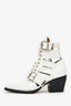 Chloe White Patent Leather Pointed Cut-Out Buckle Detail Block Heel Boots Size 36