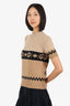Max Mara Brown/Black Wool/Camel Ribbed Knit Short Sleeve Sweater Size M